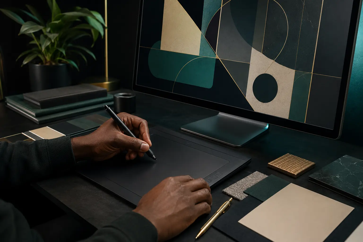 A premium digital design production workspace